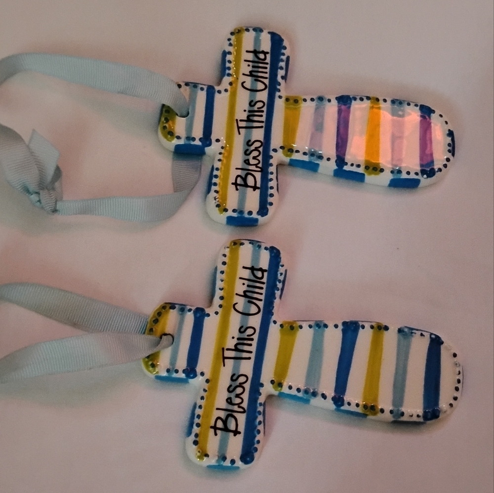 2# Mudpie Striped Ceramic Crosses  with Ribbon